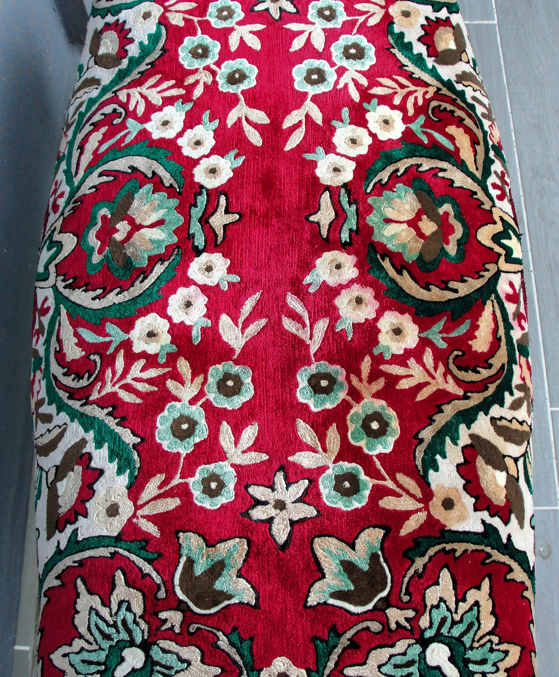 Large Floral Embroidered Ottoman Hand Carved Wooden Etsy