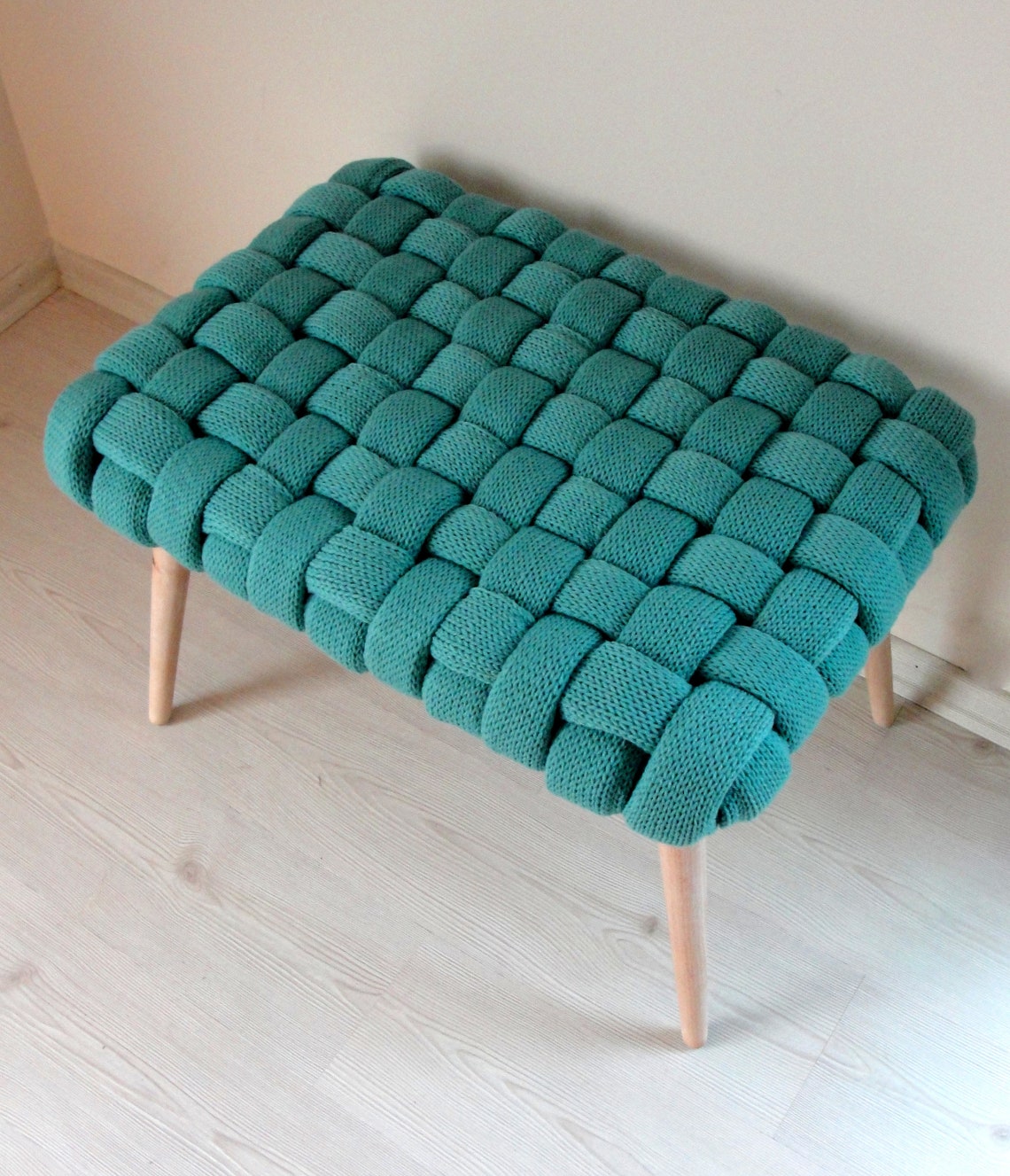 Knitted Ottoman Bench Woven Knot Pouf Bohemian Wooden Etsy