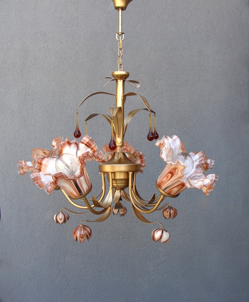 Murano Bouquet Lamp, Glass Floral Lamp, Caramel Brown Brass chandelier, Ceiling Light, Chandelier Lamp, Vintage Handmade Glass Lamp 1960s image 9