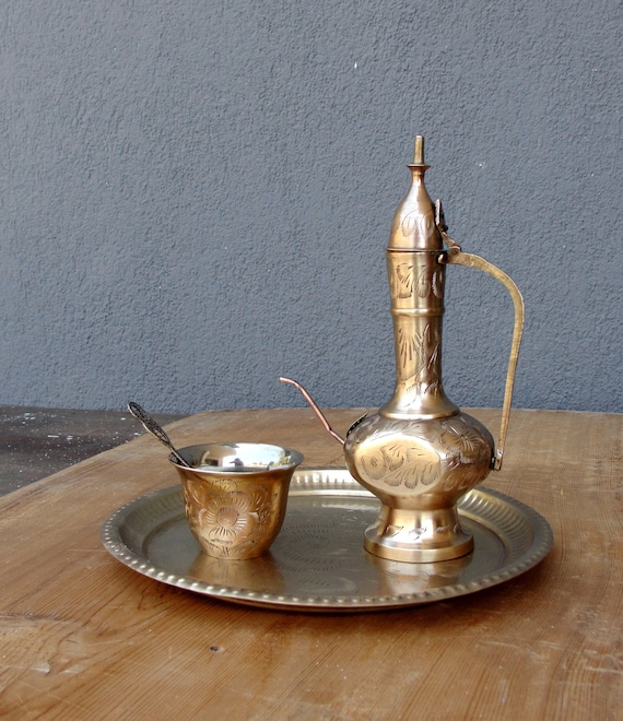 Vintage Decorative Brass Tea Set, Pitcher, Cup, Spoon and Tray Set