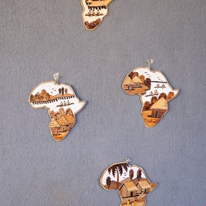 Handmade Wooden Africa Map, Continent of Africa, Banana Leaf, Huts Canoes, trees, People, African Wooden Art 1990s image 9