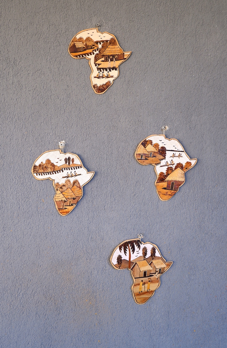 Handmade Wooden Africa Map, Continent of Africa, Banana Leaf, Huts Canoes, trees, People, African Wooden Art 1990s image 9