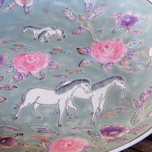 Vintage Floral Plate with Horses Collectable Chinese Plate Vintage 1970s
