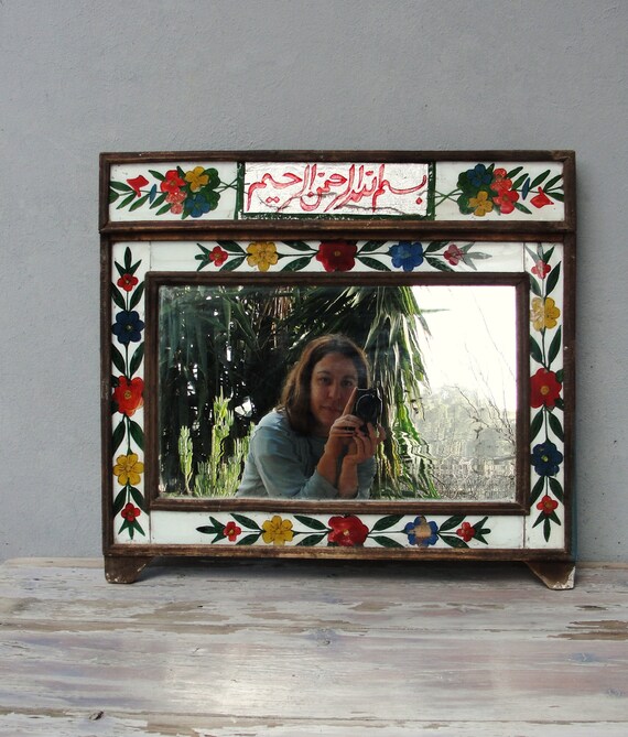 Antique Reverse Painted Mirror Early 1900 S Wooden Frame Vintage Fl Shabby Chic Rustic
