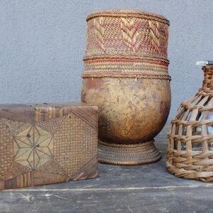 Vintage Wooden Wicker Decorative Pieces, Wood, Woven Bowl, Marquetry Box, Handmade wicker Bottle, 1950's image 6