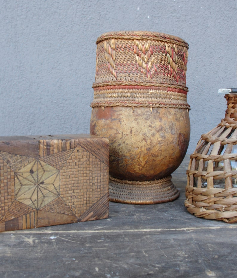 Vintage Wooden Wicker Decorative Pieces, Wood, Woven Bowl, Marquetry Box, Handmade wicker Bottle, 1950's image 6