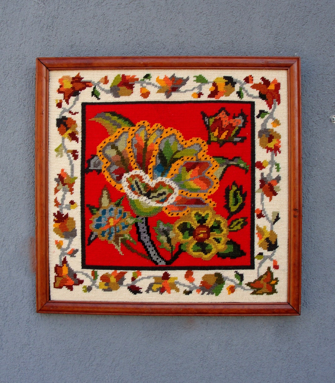 Vintage Needlepoint Embroidery, Framed Textile Art Floral Embroidery