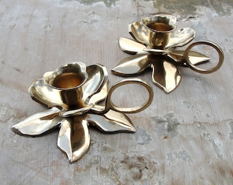 Vintage Brass Candleholders, Midcentury Flower Brass Abstract Candle Holders, 1960s