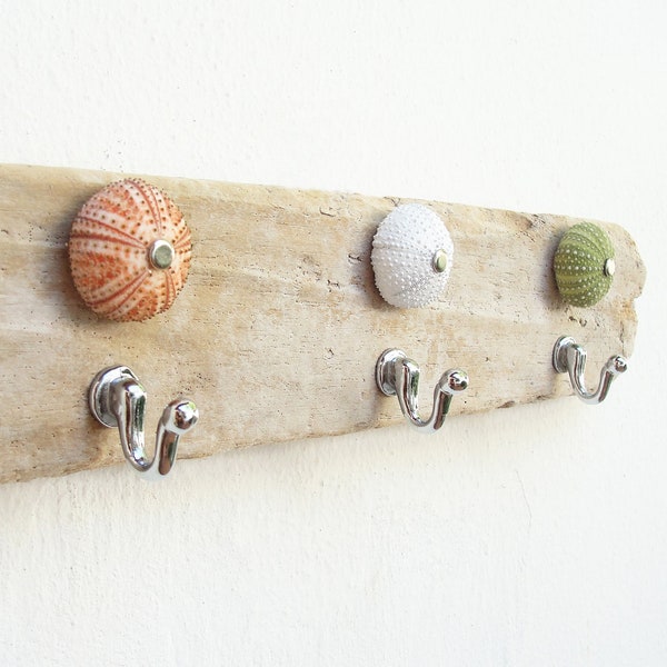 Sea Urchin Towel Holder, Jewelry Organizer Rack, Driftwood, Sea Urchin, Beach Home Decor