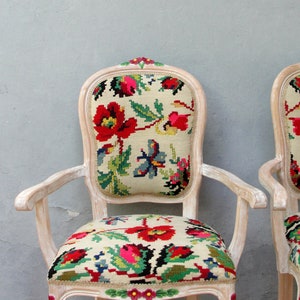 Floral Kilim Chairs, Two Armchairs Bohemian Flowers and Woodwork Bohemian Furniture Vintage Kilim, Hand painted Details, Global Textile image 9