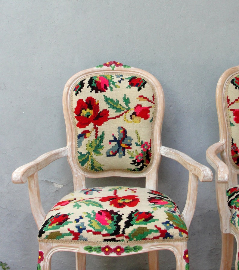 Floral Kilim Chairs, Two Armchairs Bohemian Flowers and Woodwork Bohemian Furniture Vintage Kilim, Hand painted Details, Global Textile image 9