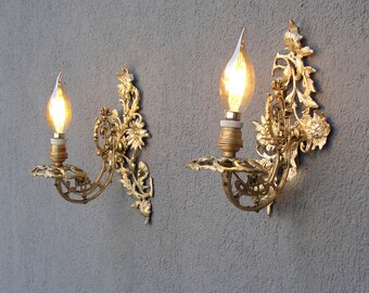 Art Nouveau Brass Wall Sconces With Roses. A Pair of Wall Sconces, Lamps, Brass Wall Lights, Lighting, Vintage 1930's