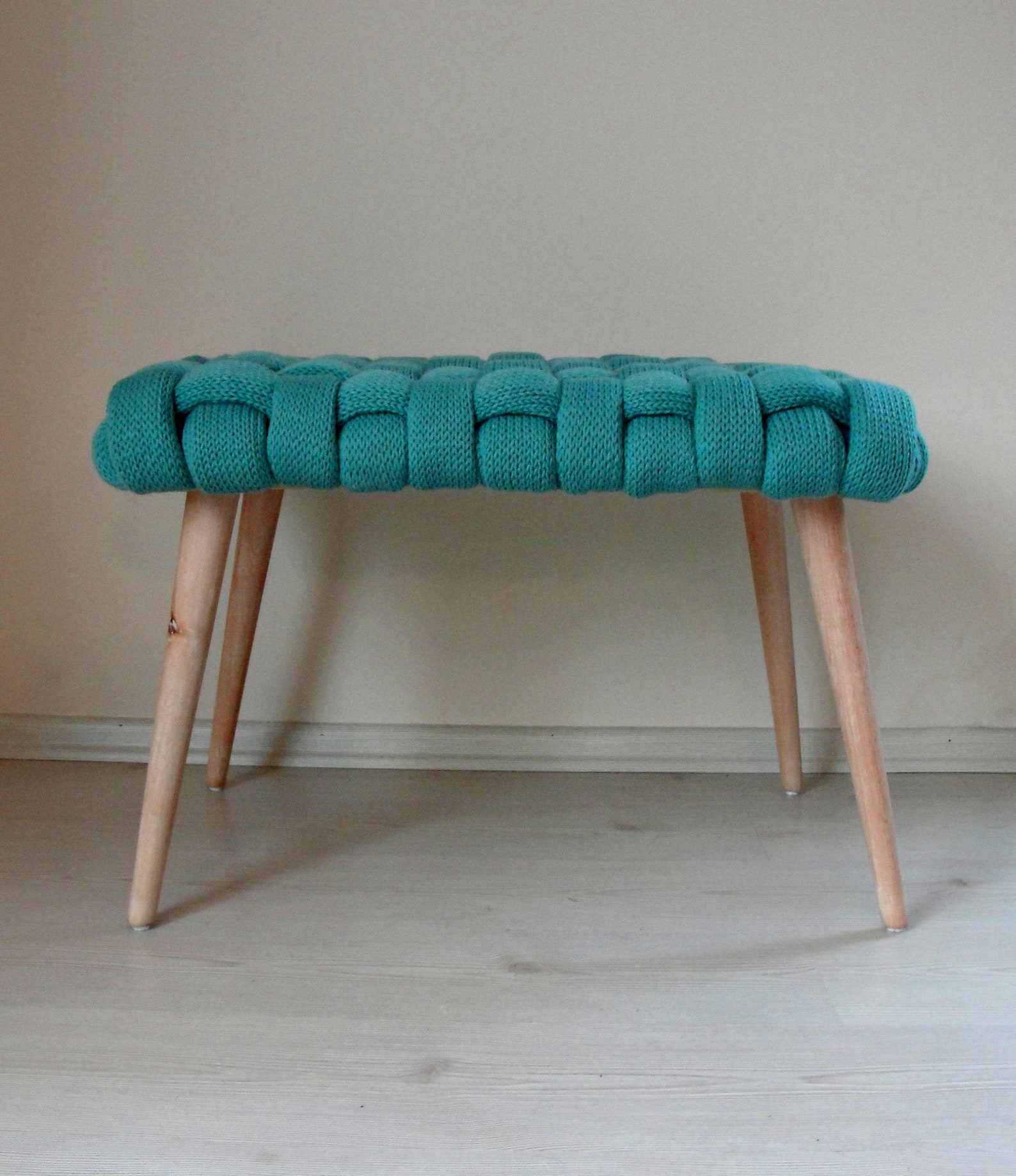 Knitted Ottoman Bench Woven Knot Pouf Bohemian Wooden Etsy