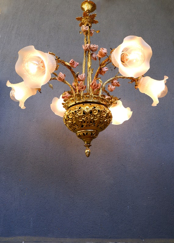 【ぬる】38灯 oldsea Vintage flower brown Art Nouveau Lamp, Brass Floral Chandelier, Ceiling Light
