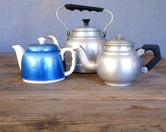 Teapot Collection Aluminum Porcelain Bakelite 1940s / 1950s Farm House, Home Decor, Instant Collection Blue, and Silver