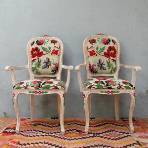 Floral Kilim Chairs, Two Armchairs Bohemian Flowers and Woodwork Bohemian Furniture Vintage Kilim, Hand painted Details, Global Textile image 6