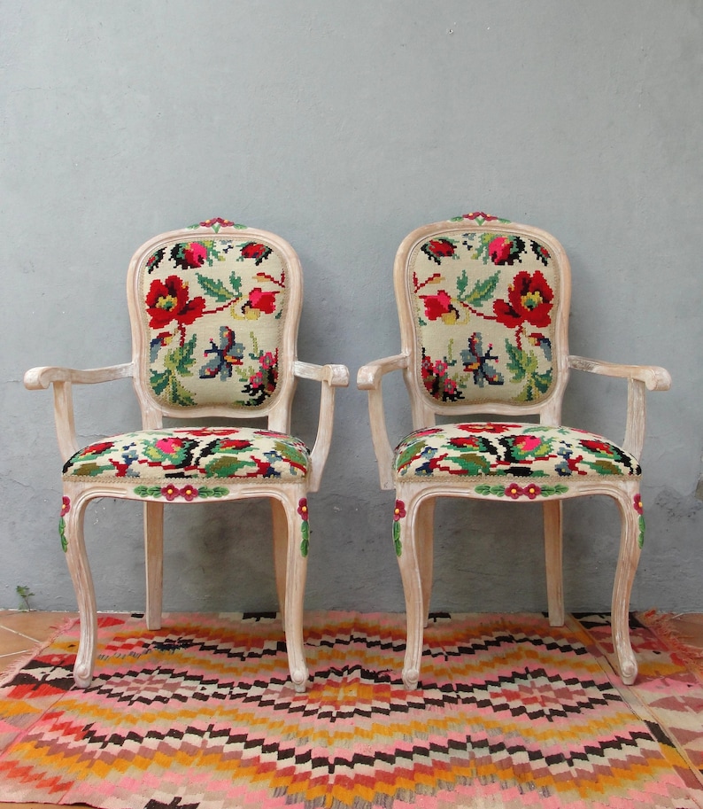 Floral Kilim Chairs, Two Armchairs Bohemian Flowers and Woodwork Bohemian Furniture Vintage Kilim, Hand painted Details, Global Textile image 6