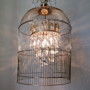 Vintage Crystal Birdcage Chandelier - 1950s Pendant Light