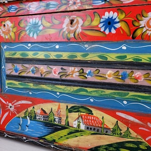 Handpainted Wooden Chest: 1930s Floral Landscape Trunk