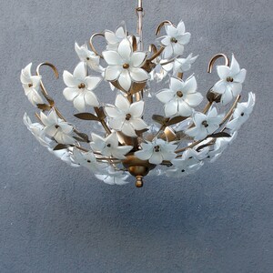 Murano bloemenlamp, witte koperen kroonluchter, plafondlamp, kroonluchterlamp, vintage handgemaakte glazen lamp uit de jaren 70 afbeelding 7