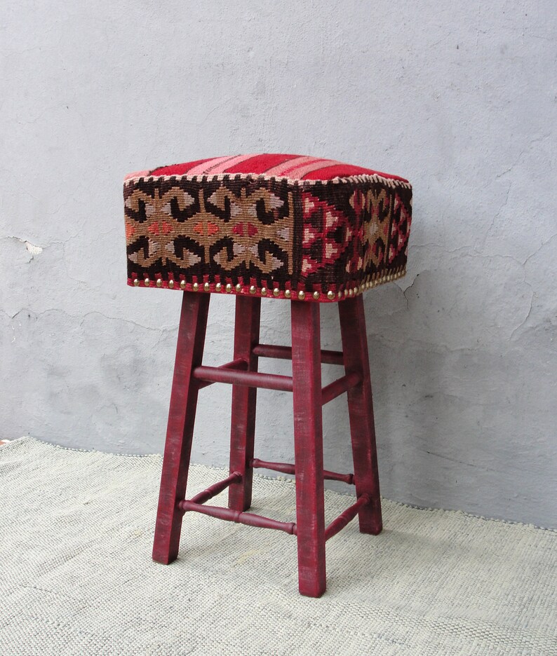 Kilim Stool Bohemian Wooden Furniture Vintage Kilim Hand Etsy