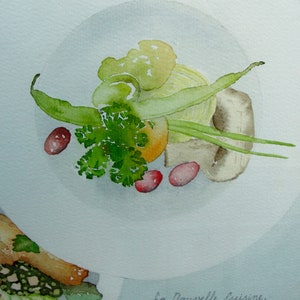 Vintage Watercolor Painting, Food, Plates, Dining room, Kitchen Decor, Restaurant, Signed Art, 1985 Home Decor