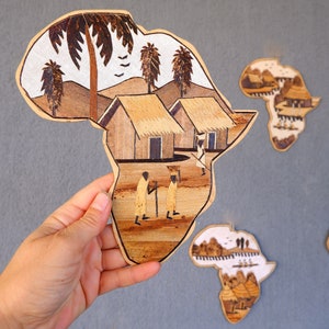 Handmade Wooden Africa Map, Continent of Africa, Banana Leaf, Huts Canoes, trees, People, African Wooden Art 1990s image 1