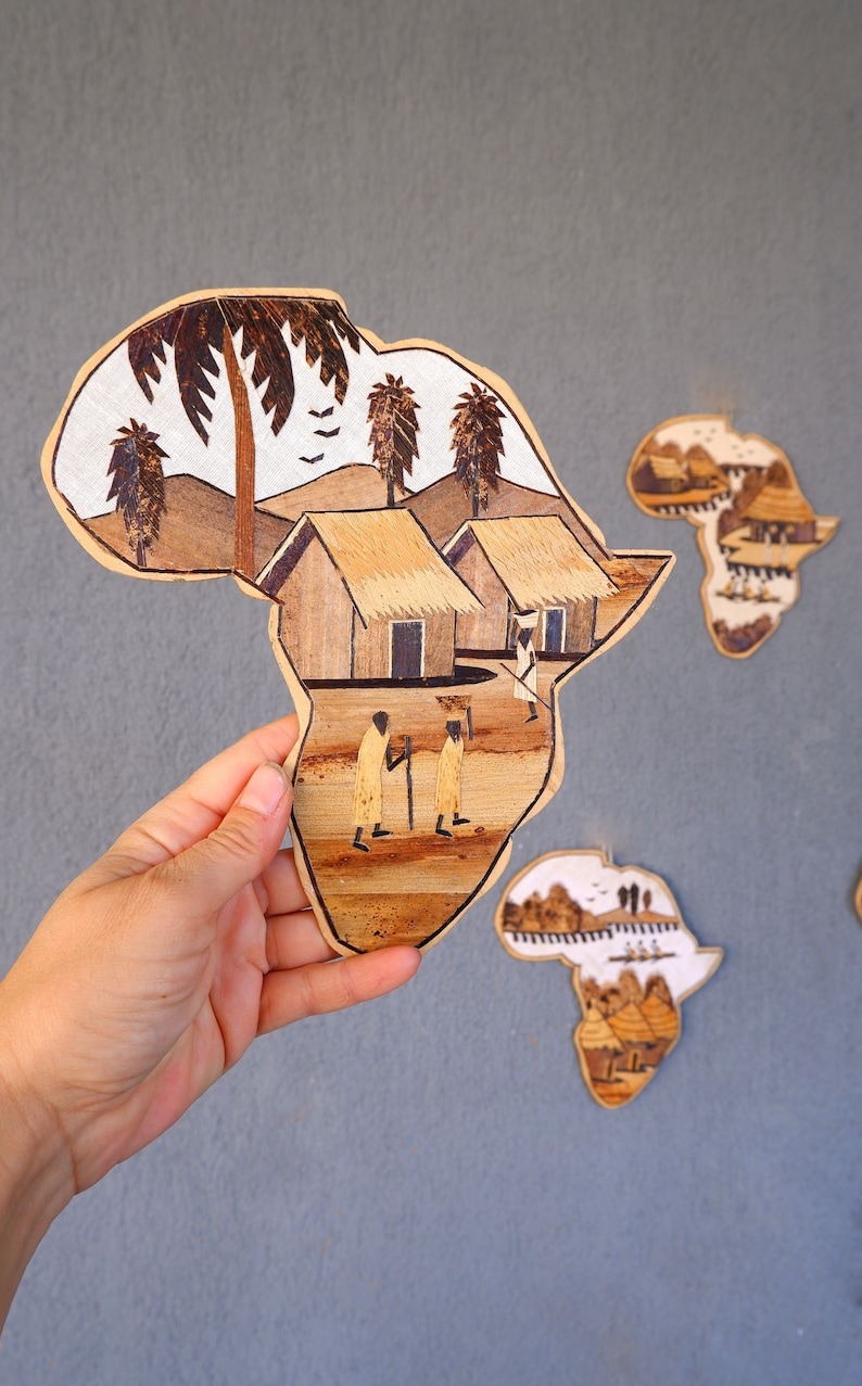 Handmade Wooden Africa Map, Continent of Africa, Banana Leaf, Huts Canoes, trees, People, African Wooden Art 1990s image 1