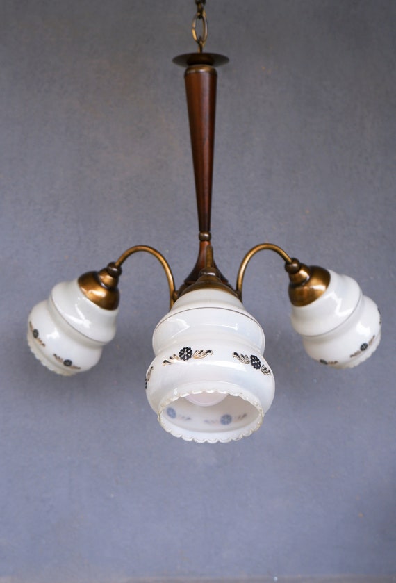 Buy Vintage Floral Glass Chandelier: MCM Wood Ceiling Light Online