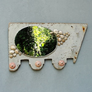 Sea Mirror and Jewelry Storage Rack Holder, Driftwood Mirror Soldered Limpet Shells, Metal, Driftwood, Sea Urchins and Mirror image 1