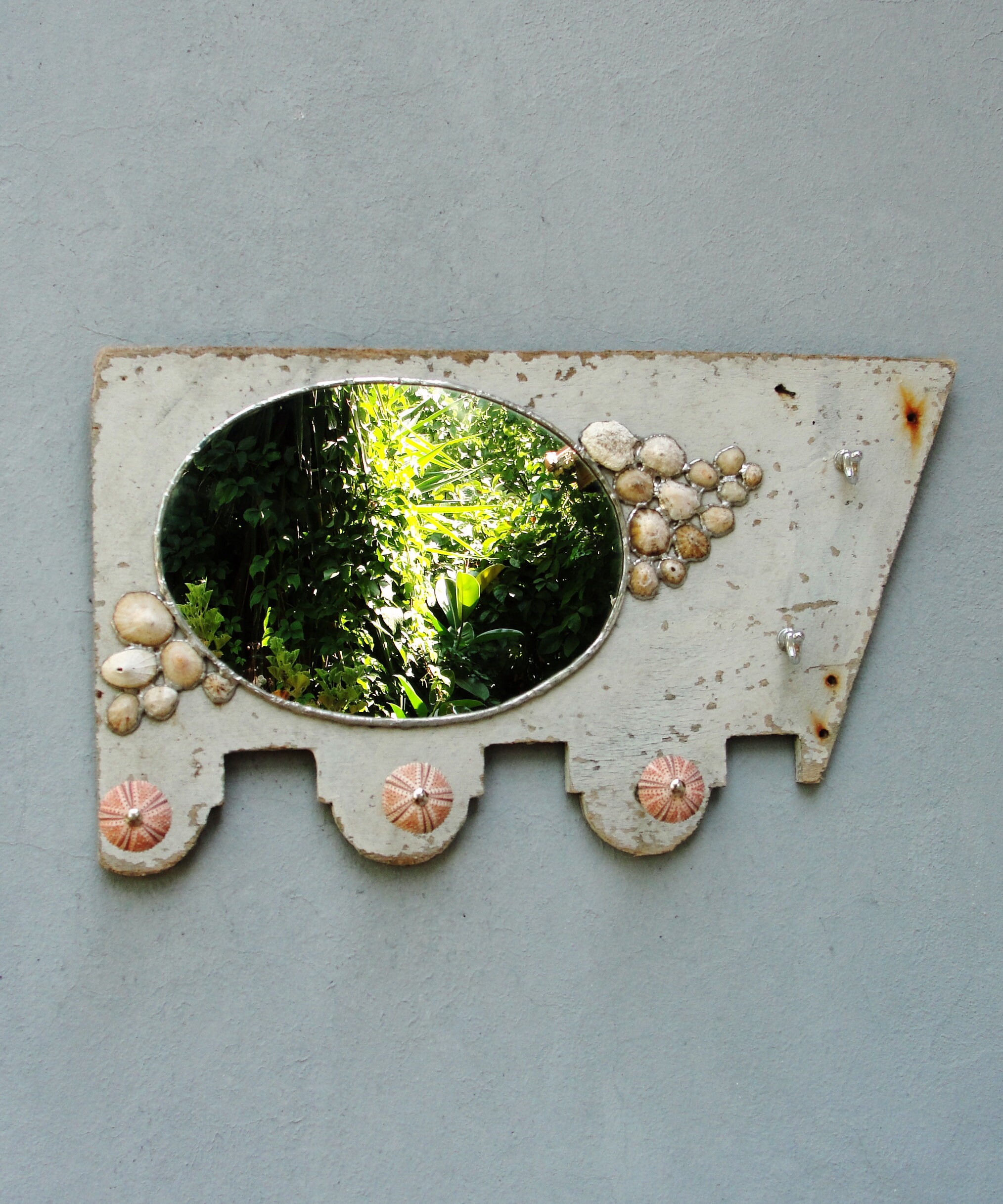 Sea Mirror and Jewelry Storage Rack Holder, Driftwood Mirror Soldered Limpet Shells, Metal, Driftwood, Sea Urchins and Mirror
