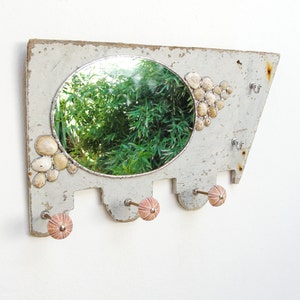 Sea Mirror and Jewelry Storage Rack Holder, Driftwood Mirror Soldered Limpet Shells, Metal, Driftwood, Sea Urchins and Mirror image 3