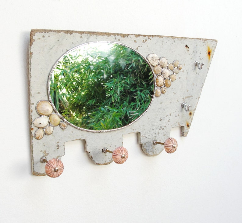 Sea Mirror and Jewelry Storage Rack Holder, Driftwood Mirror Soldered Limpet Shells, Metal, Driftwood, Sea Urchins and Mirror image 3