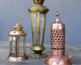 Brass Lanterns, Etched Glass, Glass Lanterns lamp, Vintage Candle Holders Lighting, Lamp 1940s - 1950s