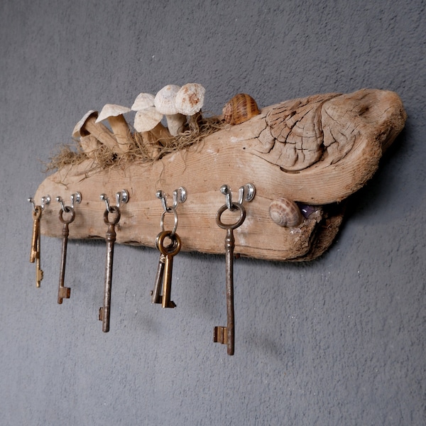 Mushroom Driftwood Jewelry Storage Organizer Rack - Key Rack, Beach Cottage Style - Driftwood, Shell, Metal, Spanish Moss