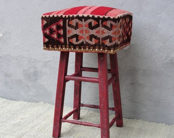 Kilim Stool, Bohemian Wooden Furniture Vintage Kilim Hand woven, Global Textile, Rustic details