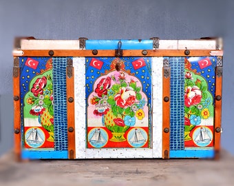 Blue Floral Chest, Vintage Wooden Chest Trunk Footlocker 1930s Bohemian Turkish Treasure Chest Bedside table Coffee Table