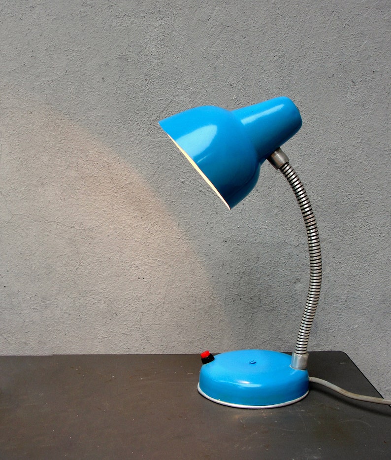 Vintage Blue Desk Lamp Brass Gooseneck Mid Century Light Etsy