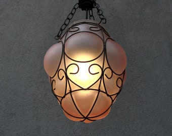 Caged Murano Glass Ceiling Lamp, Pink Bohemian Light Pendant, Ceiling Light, Chandelier Lamp,  Vintage Lamp 1980s