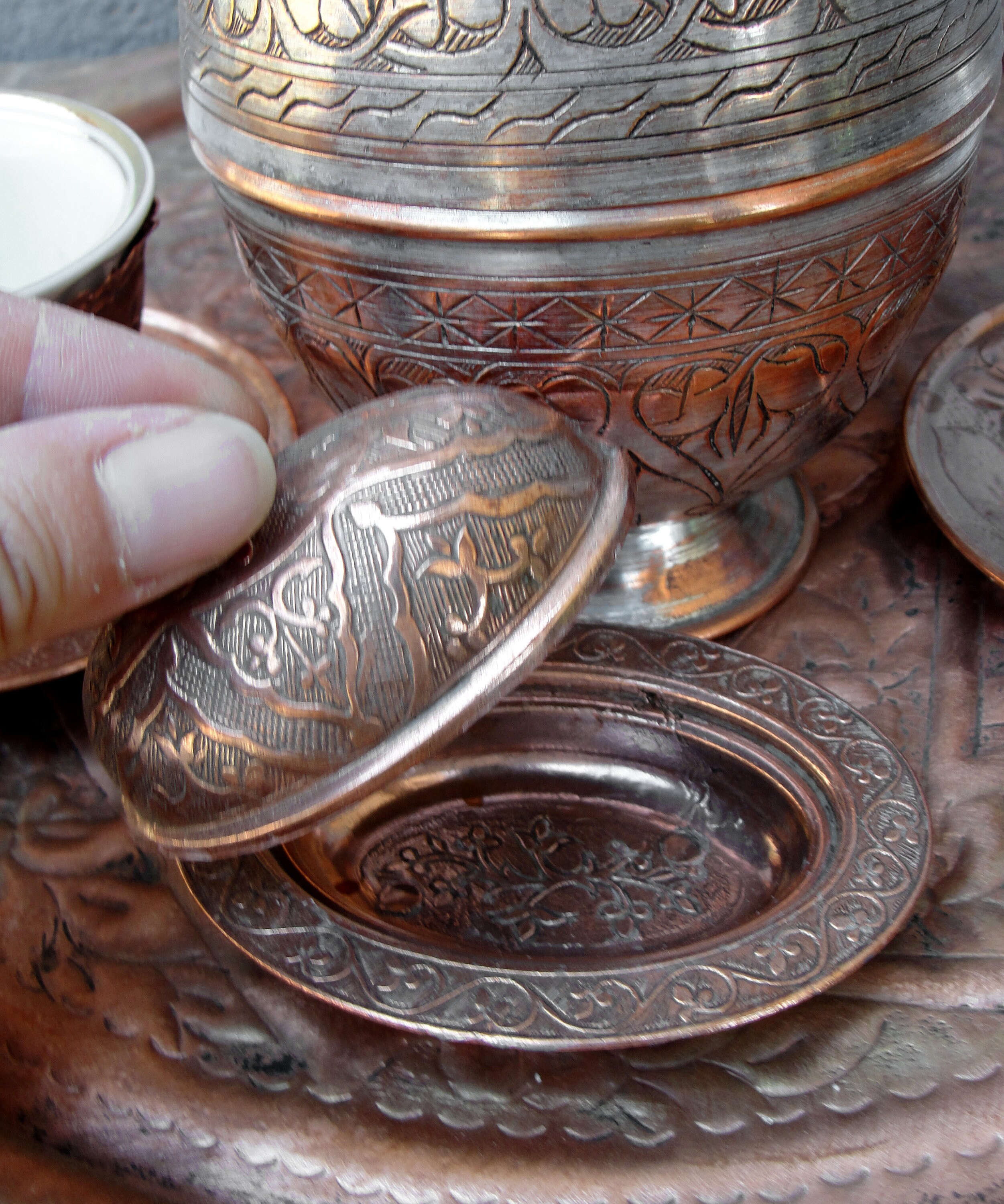 Copper and Brass Coffee Pot, Sugar Bowl, Cups, Turkish