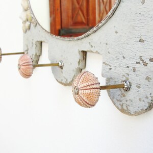 Sea Mirror and Jewelry Storage Rack Holder, Driftwood Mirror Soldered Limpet Shells, Metal, Driftwood, Sea Urchins and Mirror image 10