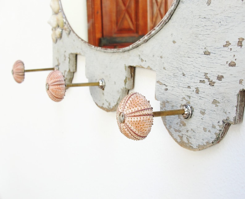 Sea Mirror and Jewelry Storage Rack Holder, Driftwood Mirror Soldered Limpet Shells, Metal, Driftwood, Sea Urchins and Mirror image 10