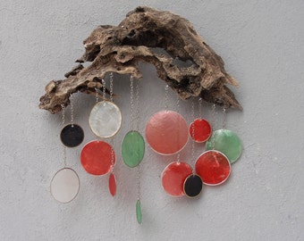 Driftwood Rainbow Rain Cloud Decor with Capiz Seashell Raindrops, Wall Hanging, Coastal decor