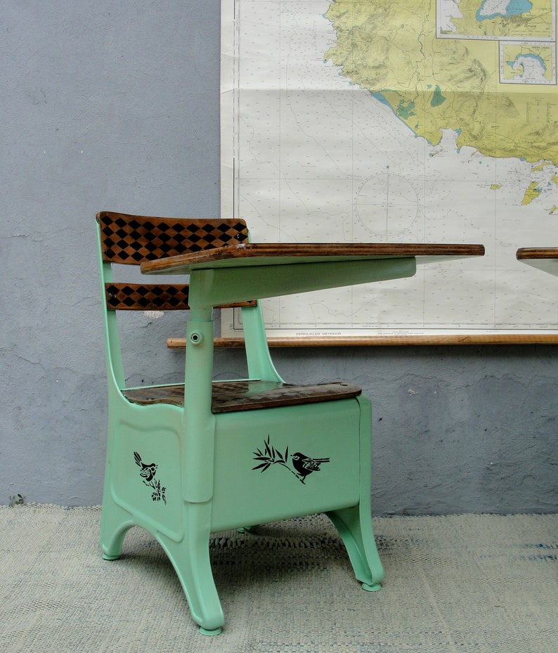 Vintage Metal School Desk And Chair Mid Century Chalk Board Small Child Size Homework Home Schooling Craft Table Old 1950 S