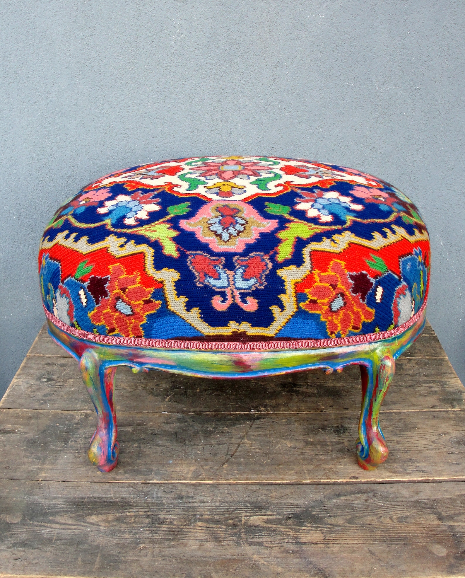 Rainbow Floral Embroidered Ottoman Hand Carved Wooden Etsy