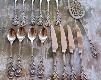 Vintage Handmade Cake Utensils, Brass Cutlery, Silver plated Rose pattern, Kitchenware, Tablewear, Farmhouse, Rustic Country Living 1940s