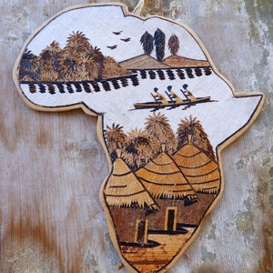 Handmade Wooden Africa Map, Continent of Africa, Banana Leaf, Huts Canoes, trees, People, African Wooden Art 1990s image 7