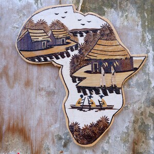 Handmade Wooden Africa Map, Continent of Africa, Banana Leaf, Huts Canoes, trees, People, African Wooden Art 1990s image 2