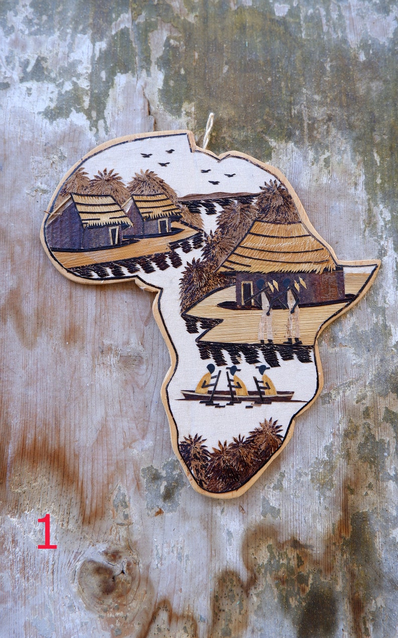 Handmade Wooden Africa Map, Continent of Africa, Banana Leaf, Huts Canoes, trees, People, African Wooden Art 1990s image 2