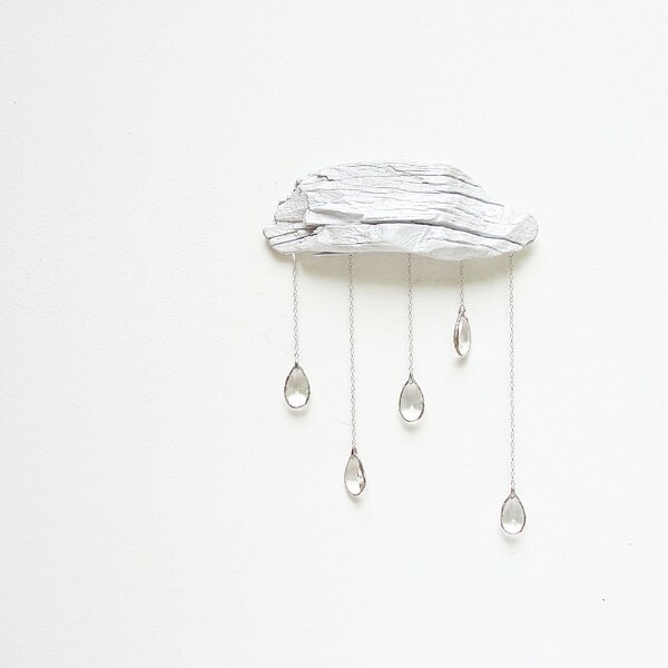 Driftwood Cloud with Vintage Crystal Raindrops - Wall Hanging
